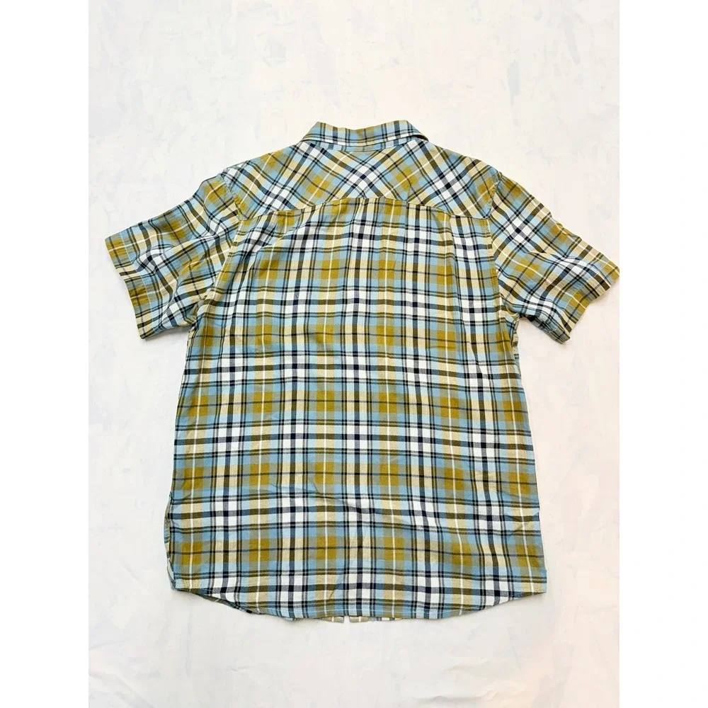 NORTH FACE Mens Medium Blue Mustard Plaid Short Sleeve Button up Casual Shirt U6